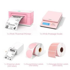 several different types of labels and stickers on a white background with text that reads, pink thermal printer