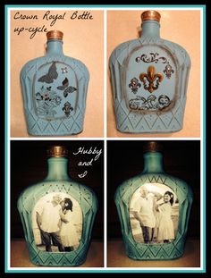 three different pictures of an old bottle with the same image on it as well as another photo