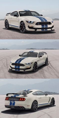 three different views of a white mustang with blue stripes on the front and back sides