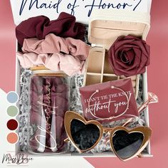 an open box with some items in it and the words, what do you want for your maid of honor?