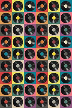 an image of vinyl records in different colors and sizes on a multi - colored background