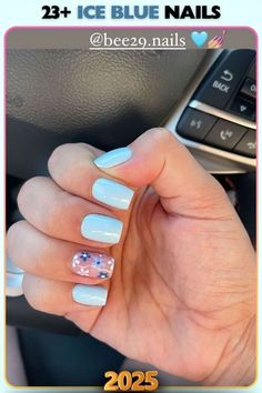 Ice blue nails with a gem accent on one nail. This design offers a touch of sparkle, blending creativity and charm for any occasion.