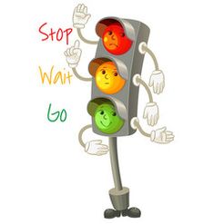 a traffic light with two faces on it and the words stop wait go written below