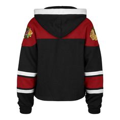 a black and red jacket with the chicago black hawks on it