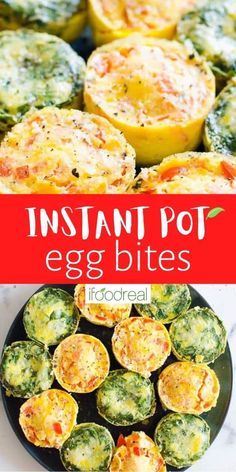 an egg muffin with spinach and cheese on top is shown in this collage