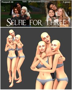 three different images of people in bikinis and one has an ad for selfie for three