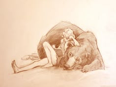 a drawing of a woman laying on the ground next to a bear with her legs crossed