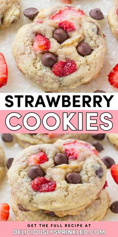 A holiday baking recipe with the best cookie batter! It lets you have these easy Christmas cookies in under 30 minutes. Everyone will love these homemade Strawberry Cookies with Chocolate Chips that taste so good! Variations on this Christmas dessert idea included! Strawberry Cookies Recipe, Strawberry Cookie Recipe, Strawberry Chocolate Chip Cookies, Cookies With Chocolate Chips, Strawberry Recipe