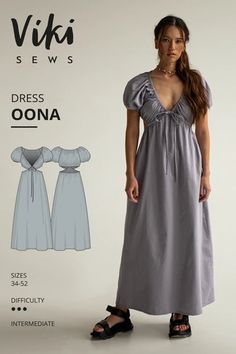 a woman in a gray dress standing next to an advertisement for the new sewing pattern