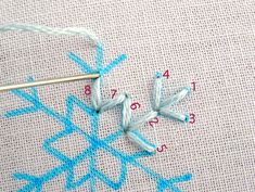 the cross stitch is being worked on with scissors