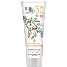 Australian Gold SPF 50 Botanical Sunscreen Tinted - BB Cream for Fair to Light Skin Tones / Lightweight / Matte Finish / Antioxidant Rich / Vegan / 3 fl. oz. - 89 mL. The Australian Gold� Botanical SPF 50 Tinted Face Mineral Lotion is more than just powerful sun protection - it's gentle care for your skin. This non-chemical sunscreen lotion delivers a refreshingly luxurious, powdery-clean feel, while the subtle tint seamlessly blends into Fair to Light skin tones. Specially designed for sensitiv Tan Skin Tone, Australian Gold, Sunscreen Spf 50, Sunscreen Lotion, Face Lotion, Protector Solar, Mineral Sunscreen