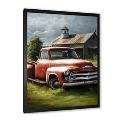 an old red truck parked in front of a barn on a cloudy day canvas wall art print