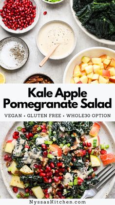 kale apple pomegranate salad on a white plate with bowls and spoons