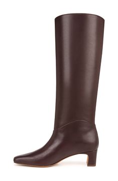 A slender square toe and block heel balance a rich leather boot shaped in a knee-high silhouette for timeless appeal. 2" heel (size 8R) 15" shaft; 14 1/2" regular calf circumference 15" shaft; 16 1/2" wide calf circumference Pull-on style Leather upper, lining and sole Imported Classic Knee-high Boots With Sculpted Heel For Business, Elegant Brown Mid-calf Boots For Formal Occasions, Classic Calf Leather Knee-high Boots With Square Toe, Classic Square Toe Knee-high Boots For Work, Classic Knee-high Boots With Sculpted Heel For Office, Classic Knee-high Boots For Formal Occasions, Classic Almond Toe Knee-high Boots For Formal Occasions, Classic Formal Knee-high Boots With Almond Toe, Classic Knee-high Boots With Block Heel For Business