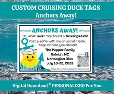 This listing is for a digital download.  No physical item will be shipped to you. Take your love for cruising to the next level with this charming duck tag featuring a ship's anchor and a sailor duck wearing a classic sailor hat. The vibrant ocean colors of this tag will surely stand out as you embark on your ducking adventures.   A BONUS 8-page Guide to Cruising Ducks included! Once we have received your purchase and cruise tag details, your personalized tags will be sent to you within 48 hours Cruising Duck Tags, Duck Collection, Ship Anchor, Free Printable Tags, Sailor Hat, Bond Paper, Ocean Colors, Cruise Outfits, Printable Tags