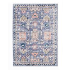 a blue and pink rug with an ornate design on the bottom, in front of a white background