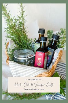 a basket filled with bottles and herbs on top of a table