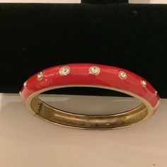 Red And Gold Spring Loaded Enamel Bracelet With Rhinestone Detail Measures Just Under 1/2” Wide Measures Approx 2.75” In Diameter Brand New, Never Worn Sparking And Shiny Adjustable Red Bracelet With Rhinestones, Adjustable Red Jeweled Jewelry, Hinged Bracelet, Enamel Bracelet, Red And Gold, Womens Jewelry Bracelets, Red Yellow, Lady In Red, Hinges