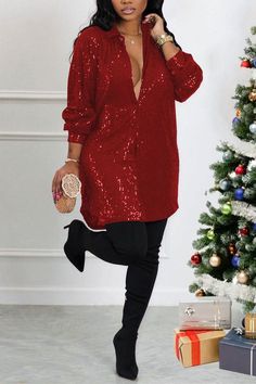 Xpluswear Robe courte décontractée à manches longues et col en V à sequins noirs de grande taille Dresses Coats, Collar Shirt Dress, Dress Sleeve Length, Collared Shirt Dress, Sequin Shirt, Dress Sleeve Styles, Solid Color Shirt, Loose Outfit, Turndown Collar