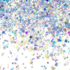 an abstract background with stars and moon shapes in blue, pink, yellow and white