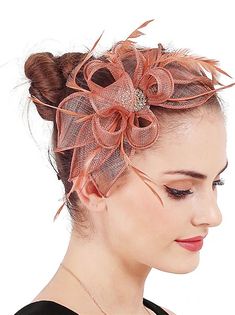 Fascinatoren Hüte Kopfschmuck Tüll Hochzeit Pferderennen Damentag Melbourne-Cup Vintage-Stil Elegant und luxuriös Mit Feder Blume Kopfschmuck Kopfbedeckung 2024 - $36.99 Fitted Tulle Headpieces For Parties, Summer Party Headpieces Made Of Tulle, Summer Party Tulle Headpiece, Elegant Party Hair Accessories For Carnival, Elegant Hair Accessories For Party And Carnival, Spring Party Tulle Headpiece, Elegant Hair Accessories For Carnival, Elegant Orange Summer Headpiece, Fitted Orange Headpiece For Party