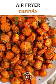 air fryer carrots in a white bowl with parsley on top and text overlay