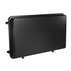 the back end of a black computer case on a white background with clippings