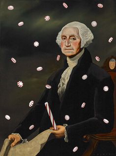 an oil painting of george washington holding a candy cane