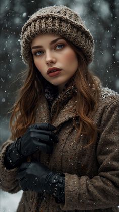 a woman wearing gloves and a coat in the snow