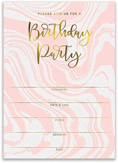 a pink and gold birthday party card with the words,'please join for a birthday party