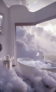 a bath tub sitting in the middle of a bathroom surrounded by clouds