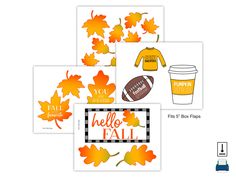 three different fall cards with leaves and footballs on them, one has a cup of coffee