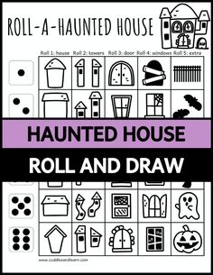 the printable halloween house roll and draw game is shown in black and white, with purple