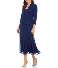 Alex Evenings Jacquard Tea-Length Jacket Dress | Dillard's Jacket Gown, Coachella Dress, Dress Attire, Bride Groom Dress, Alex Evenings, Maxi Gown Dress, Cocktail Evening Dresses, Gowns With Sleeves, Sleeveless Sheath Dress