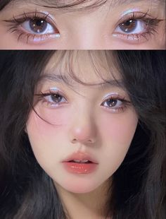 Natural Disco Makeup, Ethereal Make Up Look, Sweet And Cool Makeup, Heavy Under Eye Makeup, Asian Aesthetic Makeup, Korean Makeup Look Lips, South Asian Eye Makeup, Everyday Glitter Eye Makeup, Croquette Aesthetic Makeup