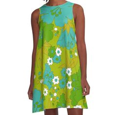 Loose-fit, mid-length sleeveless dress with silky handfeel. Printed on both sides. Machine washable. Size range XS-2XL. Dark green, turquoise,and white flowers, and olive green leaves on a light green background. This floral pattern is based on vintage 1960s textiles. Green A-line Midi Dress With Floral Print, Green Printed A-line Midi Dress, Green A-line Midi Dress For Beach, Green A-line Midi Dress For The Beach, A-line Green Midi Dress For The Beach, Turquoise Sleeveless Mini Dress For Spring, Green Sleeveless Knee-length Spring Dress, Green Sleeveless Knee-length Dress For Spring, Green A-line Mini Dress For Summer