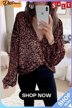 Deep V Neck Knot Sequin Shirt Trendy V-neck Party Tops, Glamorous V-neck Winter Top, Sequined V-neck Tops For Fall, Glamorous Long Sleeve Holiday Tops, Spring V-neck Party Shirt, Sequin V-neck Blouse For Fall, Glamorous Long Sleeve Tops For Party Season, Glamorous Long Sleeve Winter Top, Chic Long Sleeve Shirt For Party