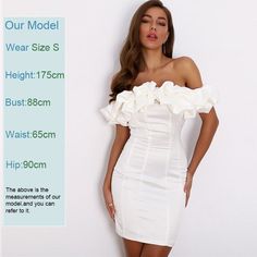 Fitted and sexy ruffled dress Bold ruffles around shoulder Fitted bodice Stretchy slightly Poly blends 33" White Short Party Dress, White Dress Short, Dresses Nightclub, Classic White Dress, Commuter Style, Backless Dress Summer, Duchess Satin, Short Party Dress, White Bodycon Dress