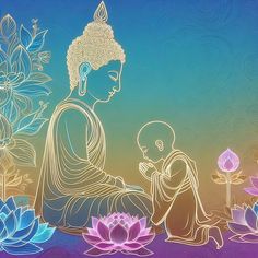 a buddha statue sitting next to a baby in front of water lilies and flowers