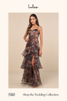 Your stunning style skills won't go unnoticed when you arrive on the scene in the Lulus Exquisite Finesse Brown Floral Organza Ruffled Maxi Dress! Airy woven organza, with sweet floral-inspired design throughout, shapes this gorgeous gown that features a princess-seamed bodice (with supportive side boning), a flirty sweetheart neckline, and adjustable spaghetti straps. The high, fitted waist tops a flowy A-line skirt adorned with flouncy ruffled tiers as it falls to a chic maxi hem. An alluring Neutral Dresses, Maxi Dress Floral, Stunning Style, Maxi Skirt Dress, Floral Gown, Bridal Party Dresses, Sweet Floral, Ruffled Maxi Dress, Gorgeous Gowns