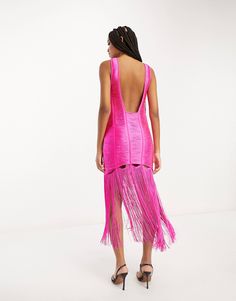 ASOS DESIGN fringe shift midi dress with cut out detail in pink | ASOS Glamorous Pink Knee-length Midi Dress, Pink Midi Length Sleeveless Dress For Party, Pink Sleeveless Midi Dress For Party, Pink Midi Length Sleeveless Party Dress, Glamorous Pink Summer Midi Dress, Elegant Sleeveless Midi Dress With Fringe, Sleeveless Fringe Midi Dress For Night Out, Chic Sleeveless Midi Dress With Fringe, Chic Sleeveless Fringe Maxi Dress