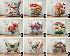 six pillows with different pictures of flowers and butterflies on them, all showing the same design