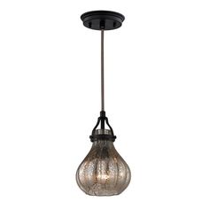 a small glass light fixture hanging from a metal ceiling fixture with an antique finish and black frame