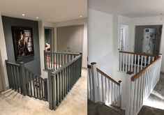 before and after photos of a home's staircase