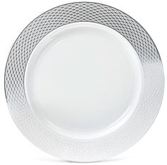 an empty white plate with silver trim on the rim and bottom, in front of a white background