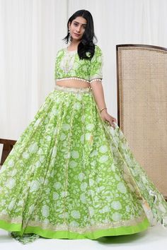 Parrot green attached cancan lehenga in chanderi base with digital print. Paired with a hand embroidered elbow sleeve padded blouse and a matching organza dupatta. - Aza Fashions Green Sharara With Printed Motifs For Wedding, Green Printed Sharara For Wedding, Green Wedding Sharara With Printed Motifs, Pista Green Sharara With Printed Motifs For Wedding, Designer Green Lehenga With Printed Motifs, Green Anarkali Lehenga With Printed Motifs, Anarkali Green Lehenga With Printed Motifs, Green Printed Wedding Dress, Green Wedding Dress With Printed Motifs