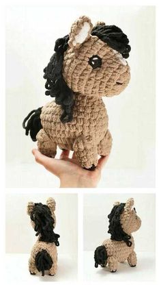 there is a small crocheted stuffed animal that looks like a dog with black hair