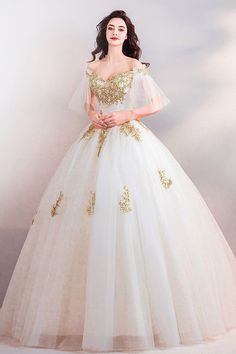 Buy Luxury White With Gold Embroidery Ball Gown Court Wedding Dress With Sleeves at wholesale price online. Free shipping and pro custom service since 2009. Embroidered Gown For Wedding And Prom Season, Embroidered Gown For Wedding During Prom Season, Embroidered Floor-length Ball Gown For Quinceanera, Embroidered Evening Dress For Wedding And Prom Season, Wedding Gown In Gold Tulle, Gold Tulle Wedding Gown, Quinceanera Lace Wedding Dress Floor-length, Bridal Ball Gown For Prom Season, Floor-length, Floor-length Lace Wedding Dress For Quinceanera