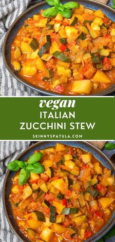 two pans filled with zucchini stew and basil leaves