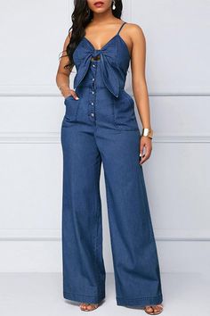 Casual Solid Color Wide-leg Jumpsuits – rodressonline Non-stretch Denim Jumpsuit For Summer, Solid Sleeveless Denim Jumpsuit For Summer, Sleeveless Solid Denim Jumpsuit For Summer, Blue Overalls For Spring, Blue Solid Color Overalls For Spring, Denim And White Outfits Party, Denim And White Outfits, Cheap Jumpsuits, Denim Jumpsuits